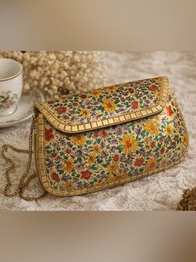 Vintage Antik Kraft Floral Clutch Gold Tone Chain Strap Evening Bag Good Shape!